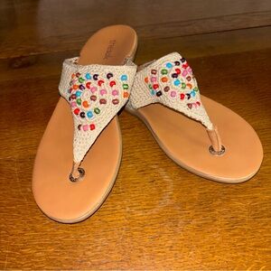 The Sak Beige Crochet Flip Flop Multicolored Wood Beaded Sandals Women's Size 9
